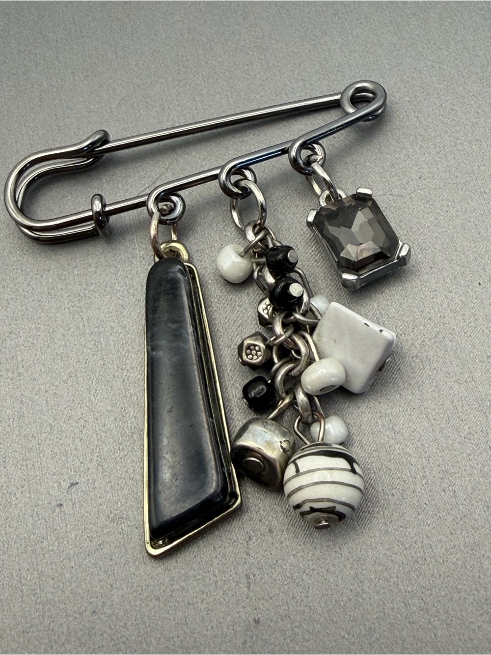 Gunmetal Silver-Tone Industrial Chic Dangle Charm Safety Pin Brooch